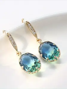Exquisite Oval Blue Gemstone Pendant Earrings, Elegant and Minimalist Style, Copper Jewelry, Fashionable Women's Gift