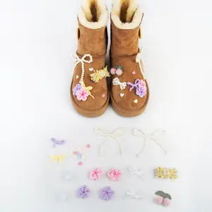 DIY Boot Accessories Kit – Handmade Pearl Bows, Yarn Flowers, Chiffon Decorations for Faux Fur Snow Boots, Shoe Charms