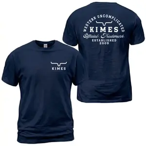 Kimes Ranch Western Uncomplicated Established 2009 T-Shirt, Official Trademark Longhorn Logo Graphic Tee, Kimes Ranch Navy Patriotic Western Cowboy Shirt, Casual Daily Wear Tee For Men & Women, Apparel Made In The USA