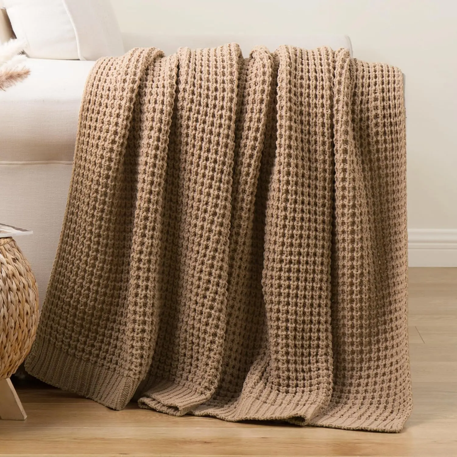 Beige Throw Blanket for Couch, Knitted Beige Throw for Bed, Neutral Throw Blankets Tan Blanket for Room Decor Housewarming Gifts, 50"x60"