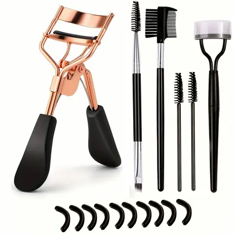 Eyelash Curler & Eyebrow Brush & Comb & Silicone Pad Set, 16pcs/set Durable Eyelash Curler & Accessories, Professional Beauty Makeup Tools for Women