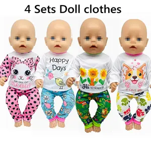 4 sets Doll Clothes Accessories Animal Print Top and Pants Pajama Set Fits 43cm New-Born-Baby-Doll, Bitty-15-inch-Baby-Doll, American-18-Inch Doll（not Included Doll）