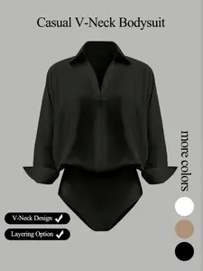 Women's casual loose V-neck long-sleeved shirt jumpsuit, elegant woven fabric, slim fit, suitable for all seasons, and can be layered flexibly.
