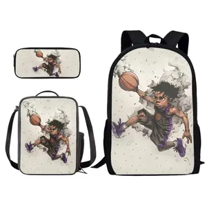 Basketball-themed street style backpack set (3 pieces): Sporty printed student backpack + lunch bag + pencil case
