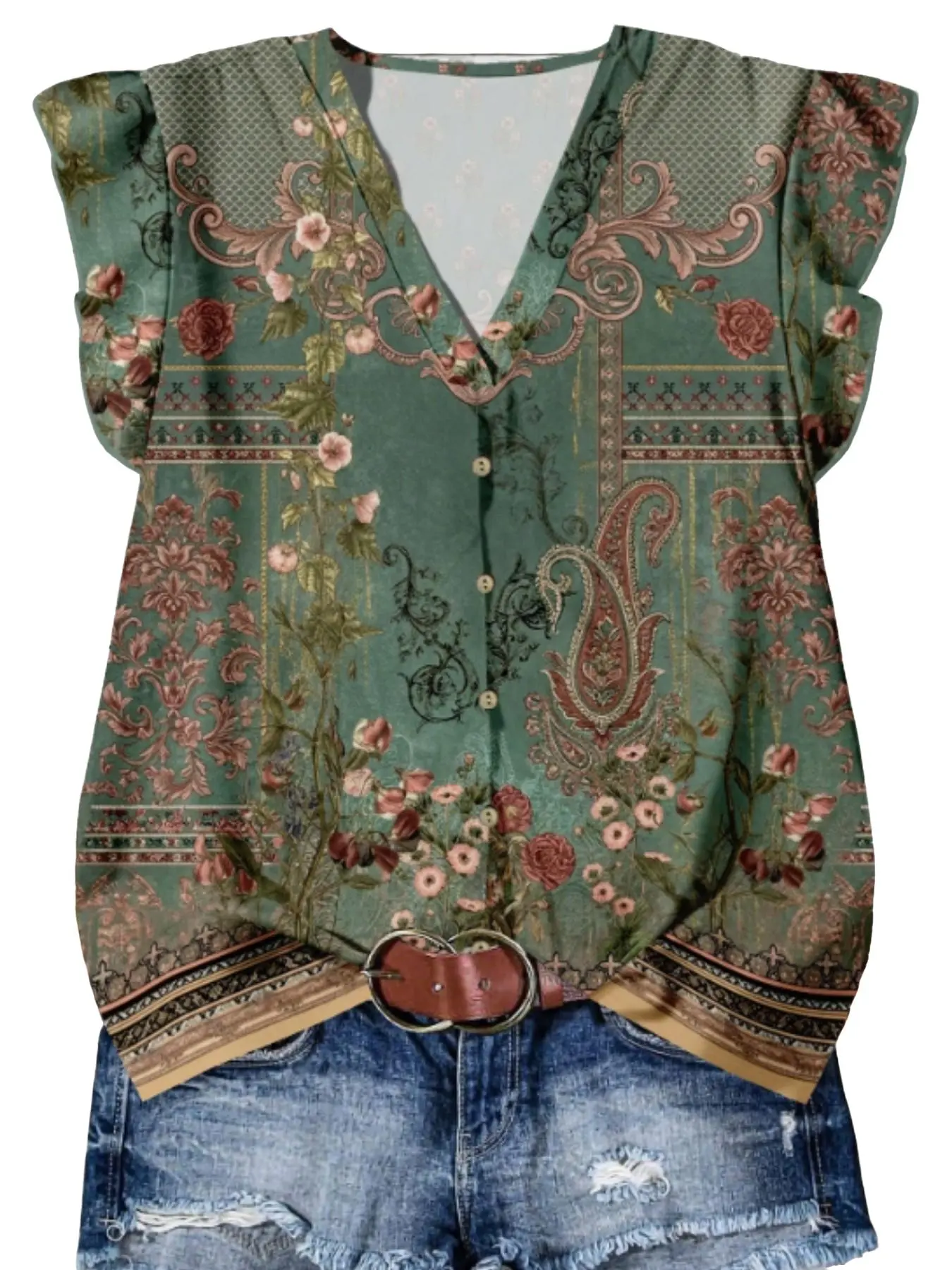 Women's Summer New Vintage Casual Top, V-Neck, Ruffle Sleeve, Versatile Regular Fit, Digital Print Blouse Shirt