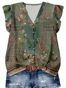 Women's Summer New Vintage Casual Fashion V-Neck Floral Hem Short Sleeve Versatile Regular Fit Digital Print Top Blouse Shirt