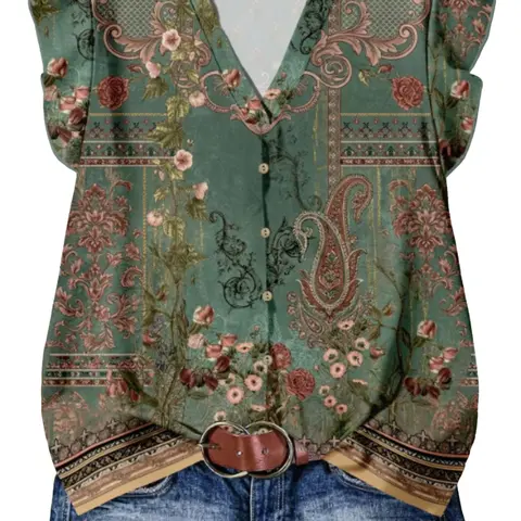 Women's Summer New Vintage Casual Top, V-Neck, Ruffle Sleeve, Versatile Regular Fit, Digital Print Blouse Shirt