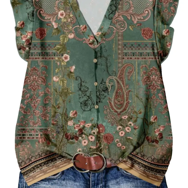 Women's Summer New Vintage Casual Top, V-Neck, Ruffle Sleeve, Versatile Regular Fit, Digital Print Blouse Shirt