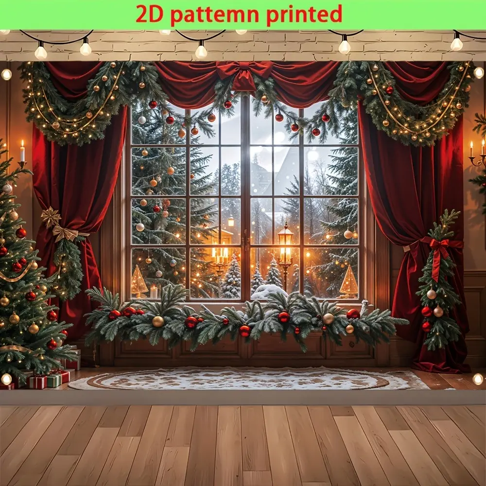 Luxe Vintage Christmas Window Backdrop – Red Velvet Curtains, Pine Wreaths (Red-Gold Ornaments), Snowy Outdoor Tree View & String Lights, Ideal for Indoor Elegant Holiday Decor & Premium Christmas Parties, A Lavish Christmas Gift