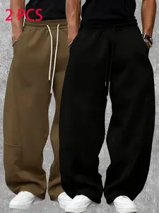 2-Pack Men's Loose Wide Leg Pants, Plain Solid Color Design With Drawstring Details, Casual Style Long Sweatpants, Polyester Fabric Suitable For Daily Wear, Jogging And Other Occasions, Versatile Item For Spring And Autumn