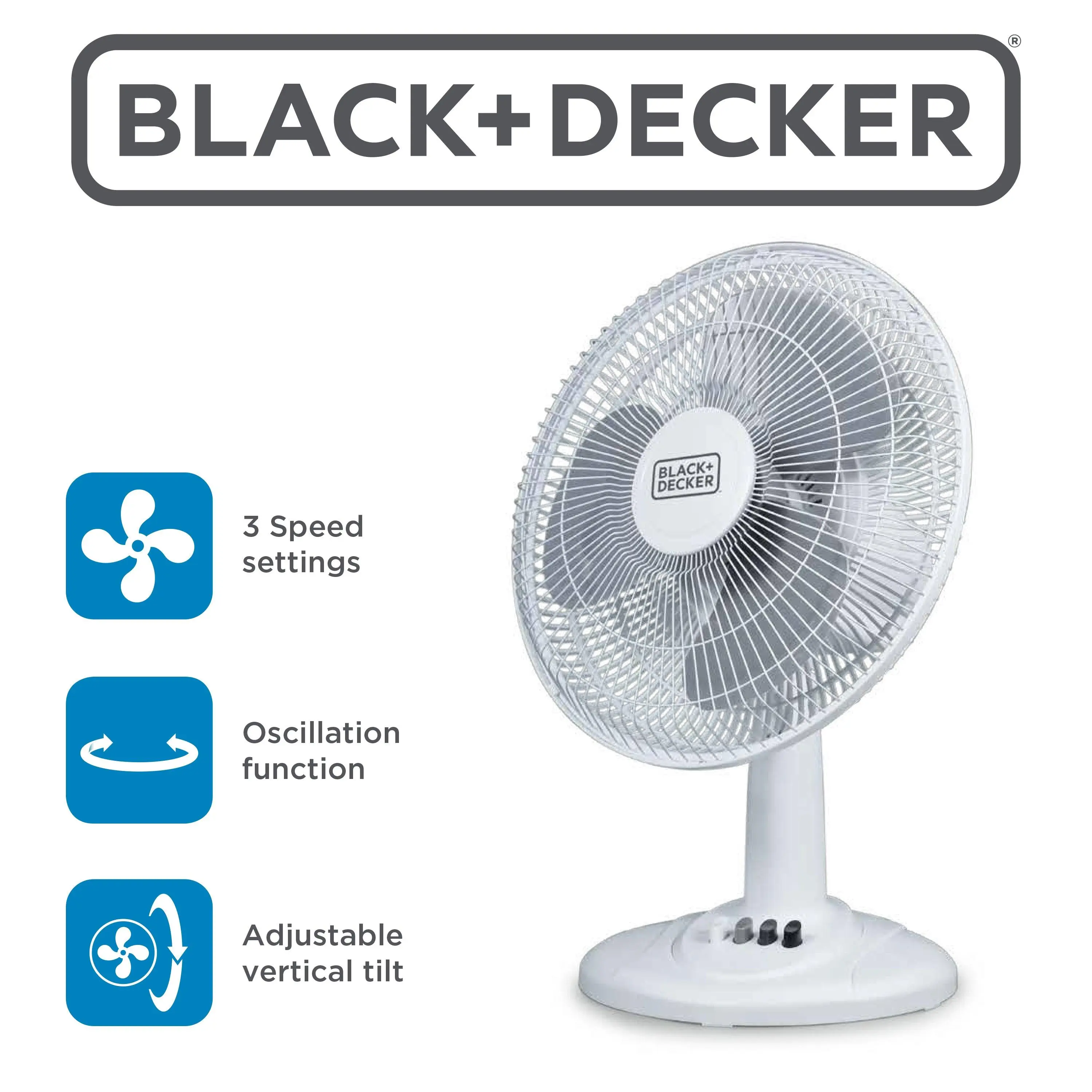 BLACK+DECKER 12 In Oscillating Table Top Fan, 3 Speed Settings, Adjustable Tilt & Speed, 120v/60hz, 3.5 lbs Plastic Fan, 13.3" x 9.8" x 18.30", for Home Office Use, White