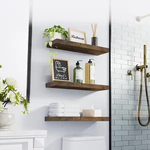 Bathroom Floating Shelves for Wall Set of 3 - Rustic Brown Farmhouse Wood Shelves Over Toilet for Bedroom, Kitchen, or Living Room Decor Display, Storage for Plants, Toilet Paper or Bath Towels