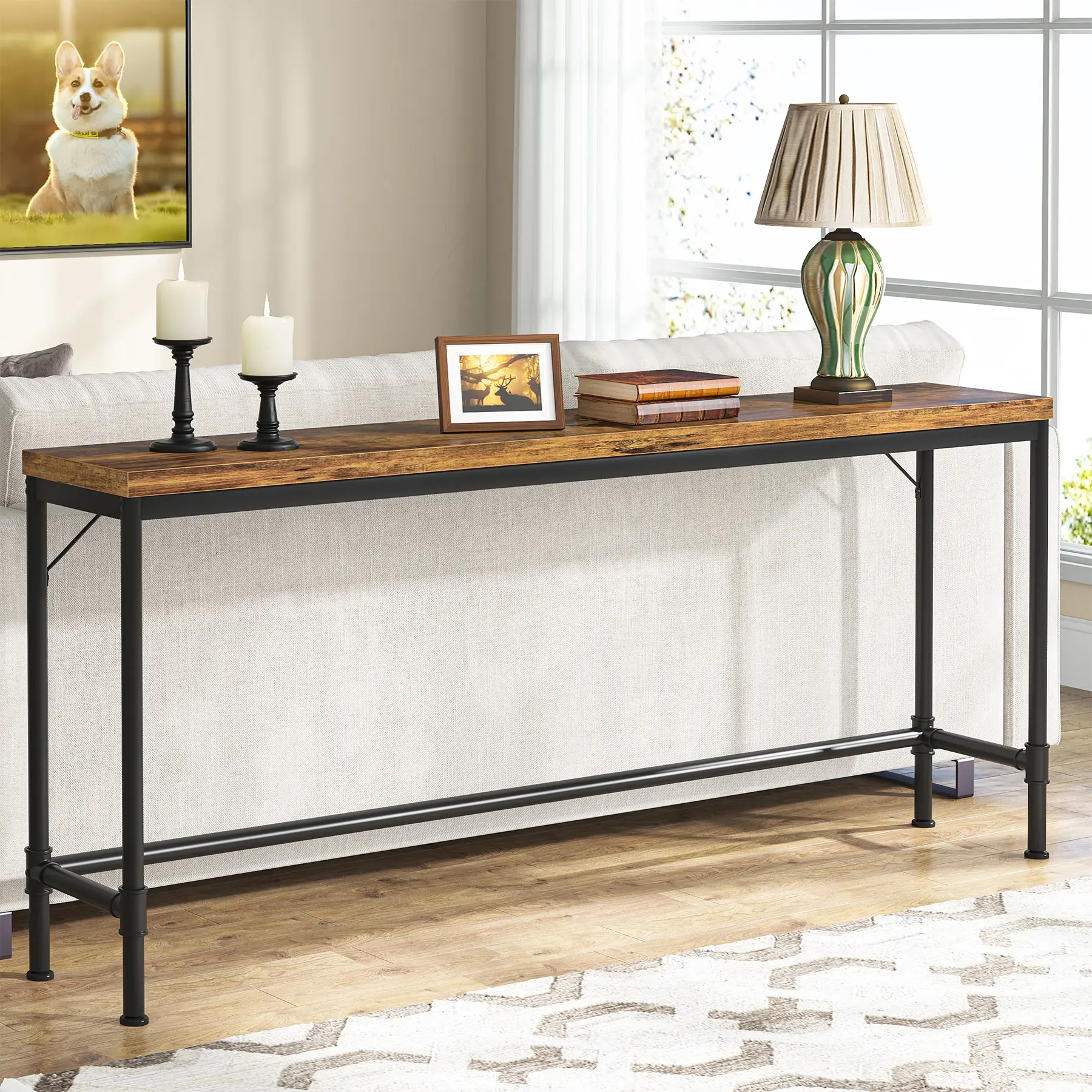 LITTLE TREE 70.9 Inch Extra Long Console Table, Narrow Sofa Table Behind Couch, Rustic Entryway Hallway Table Industrial Height Bar Table for Living Room