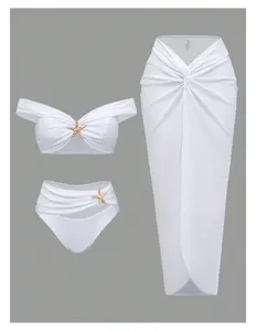 White Bikini Set Three Piece - Bandeau Off Shoulder Swimsuit, High Waisted Bikini Bottoms with Gold Starfish, Twist Front Sarong Cover Up, Women's Summer Beach Swimwear