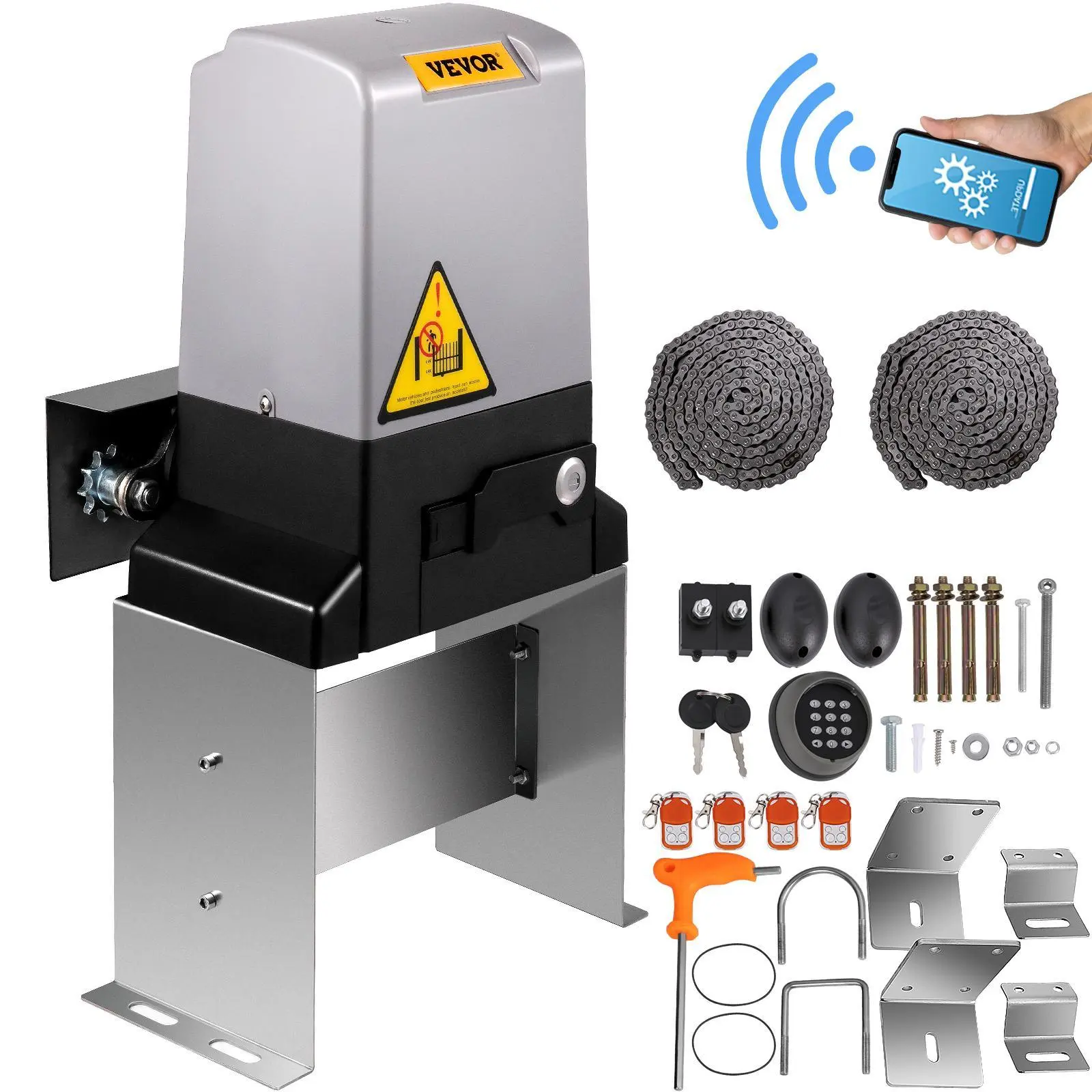 VEVOR 750W Automatic Chain Gate Opener, 3300 lbs Capacity, Corrosion & Rust-Resistant Ultra-Quiet Driveway Gate Motor, 4 Remotes & APP Control, 230 ft/70 m Range, Alarms, ABS Plastic Build, Solar Panels Compatible