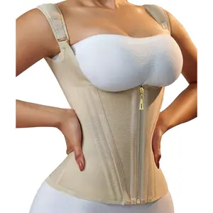 Slimming Shapewear Top for Women Zippered Front Steel Boned Bustier Body Shaper Latex Waist Trainer in Beige Comfortable Fit