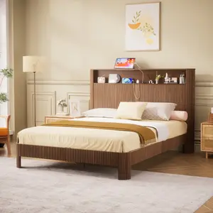 Queen-size / Full Size  slatted bed frame with storage, built-in charging ports, wave-shaped design, and metal support structure