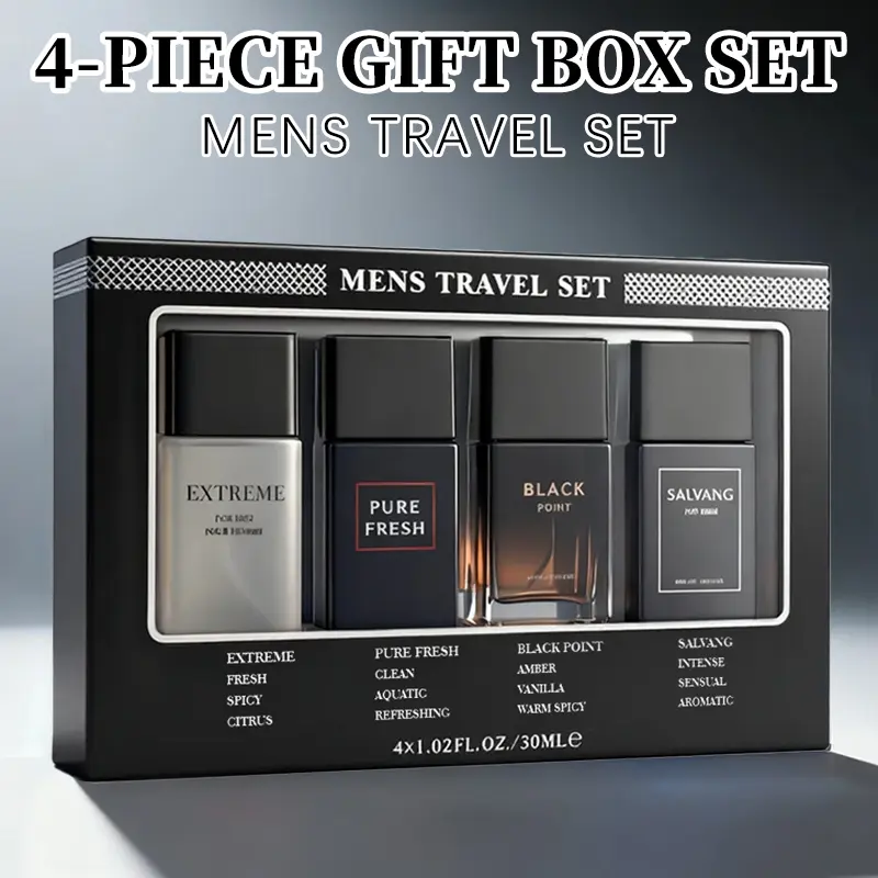 Men's Travel Set - 4-Piece Eau De Toilette Spray Gift Box with Long Lasting Fragrance - Perfect for Holidays, Dating, Daily Life & Parties - 1.02 Fl Oz Each Bottle
