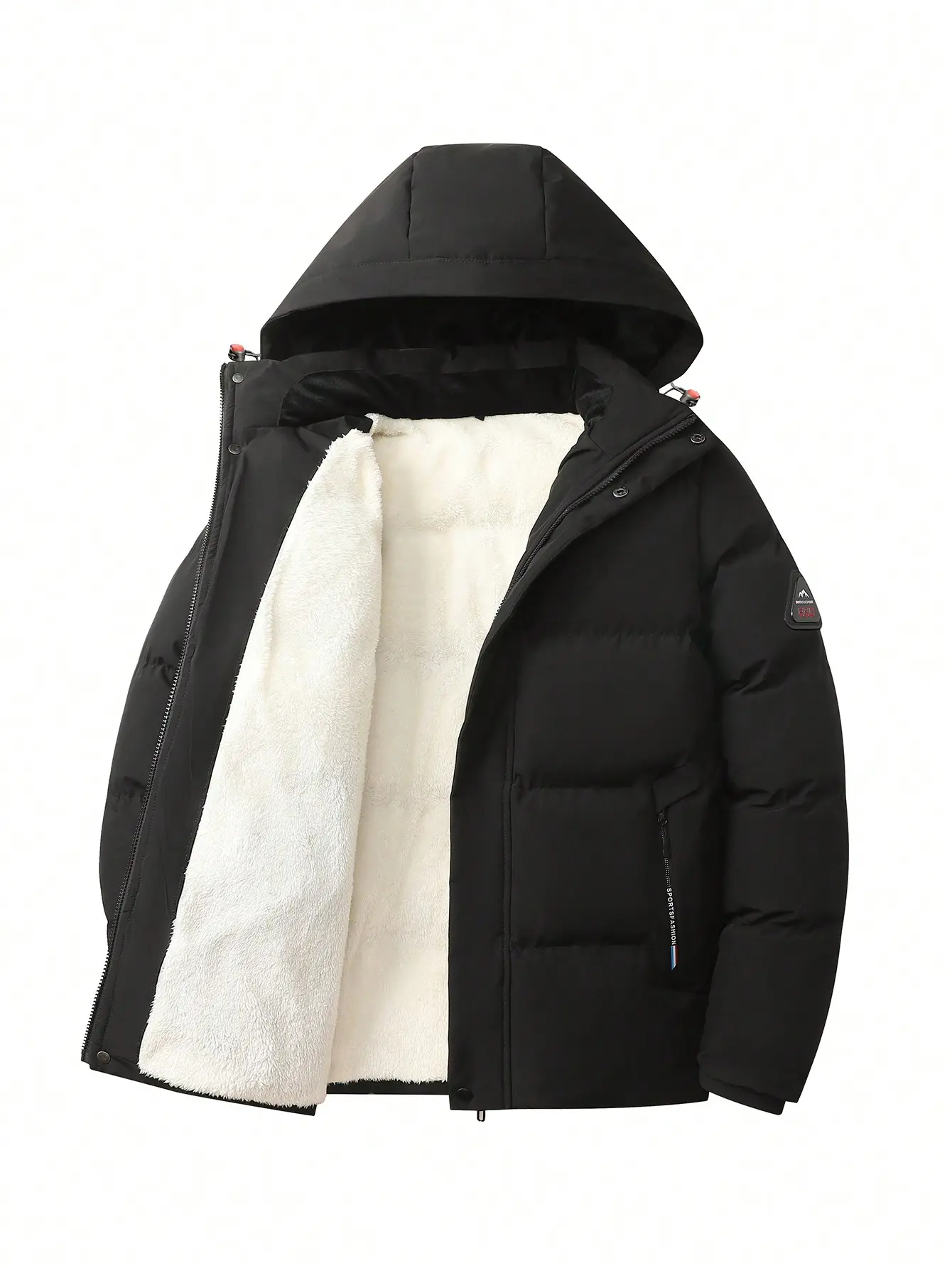 Men's Fashionable Black Puffer Jacket Warm Winter Coat with Hood Casual Long Sleeve Pullover with Pockets Polyester Outerwear for City Walks and Outdoor Activities Beige Menswear
