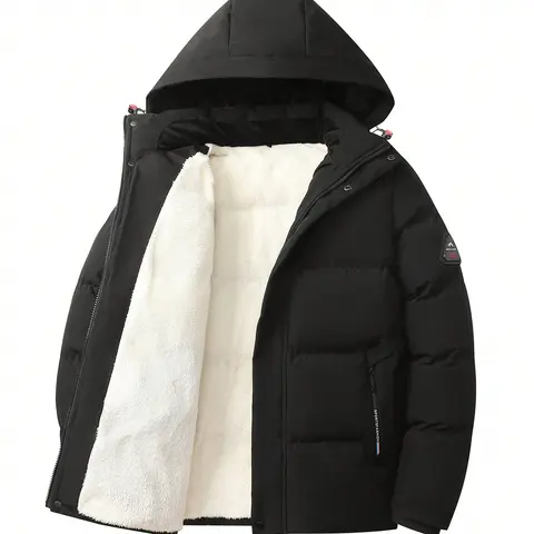 Men's Fashionable Black Puffer Jacket Warm Winter Coat with Hood Casual Long Sleeve Pullover with Pockets Polyester Outerwear for City Walks and Outdoor Activities Beige Menswear