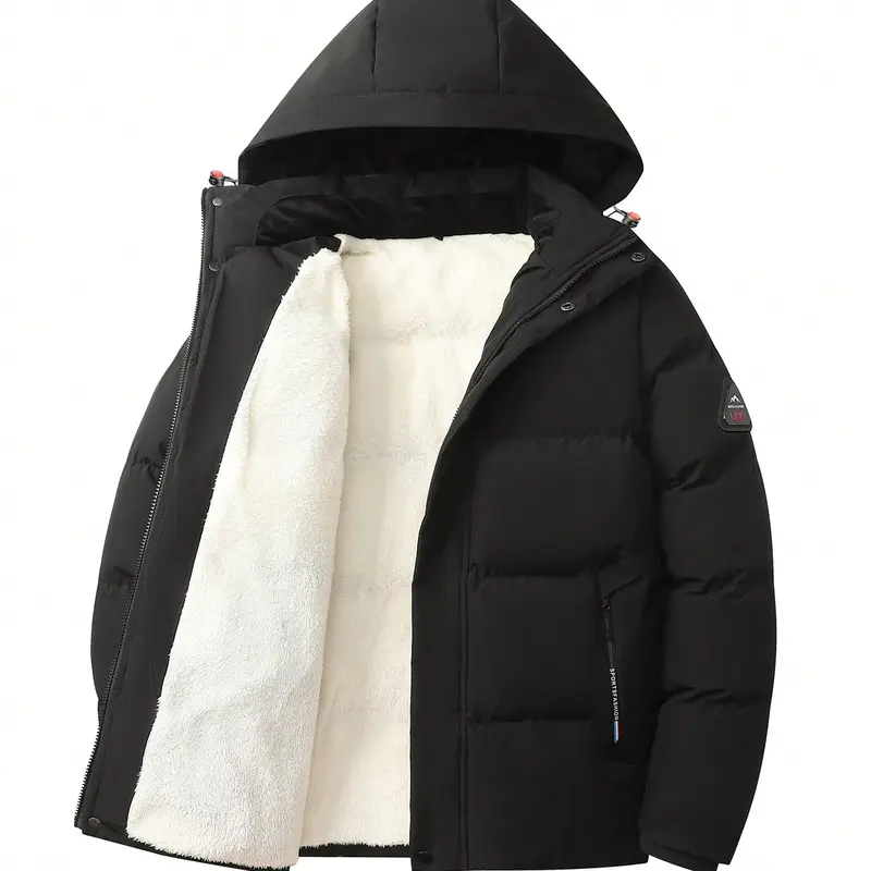 Men's Fashionable Black Puffer Jacket Warm Winter Coat with Hood Casual Long Sleeve Pullover with Pockets Polyester Outerwear for City Walks and Outdoor Activities Beige Menswear