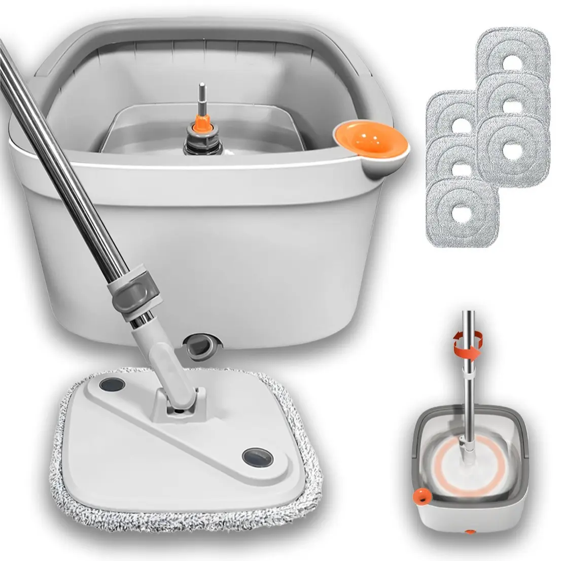 Light Gray Spin Mop Bucket with 6 Pads