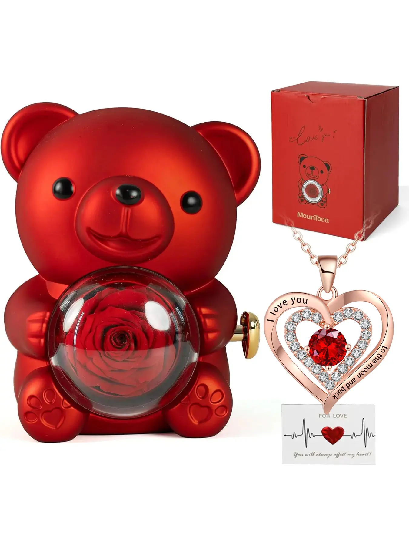Romantic Teddy Bear Gift Set featuring a Preserved Rose, Engraved Heart Necklace, Anniversary Necklace, Box, Exquisite Jewelry Gift, Symbolizing Everlasting Love, An Ideal Gift for Her for Valentine's Day, Mother's Day, Anniversaries, Birthdays