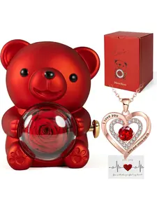 Romantic Teddy Bear Gift Set featuring a Preserved Rose, Engraved Heart Necklace, Elegant Box, True Roses in a Box Symbolizing Everlasting Love, An Ideal Gift for Her for Valentine's Day, Mother's Day, Anniversaries, Birthdays