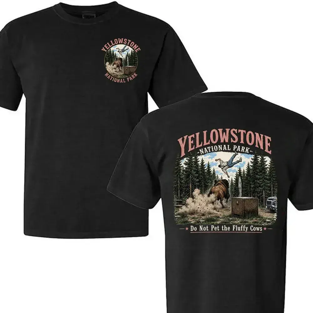 Comfort Colors Yellowstone National Park Double-Sided T-Shirt | Do Not Pet the Fluffy Cows | Nature: Bison, Mountains & Trees | Yellowstone National Park Bison Toss Incident