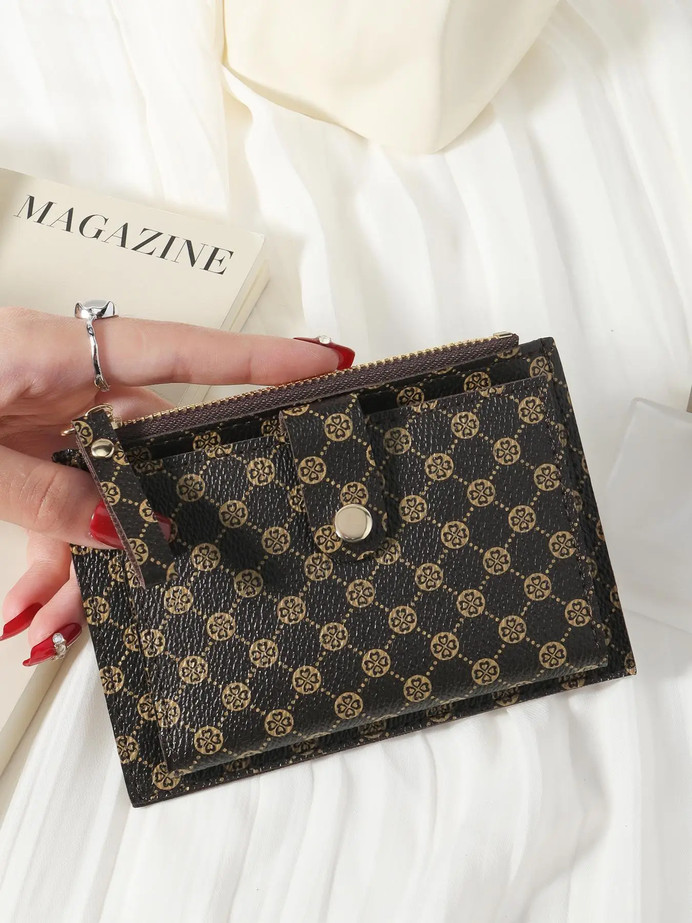 Women's Random Geometric Pattern Short Wallet, Multi-functional Zipper Card Holder, Fashionable Pu Leather Wallet for Daily Used for Women & Girls