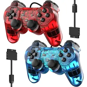Wired Controller for PS-2  Double Shock Gamepad Joystick Remote Compatible with Play 2 (Clear Red and Clear Blue)