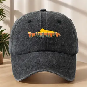 Vintage Washed Cotton Dad Hat, Retro Sunset Forest Trout Fish Graphic Baseball Cap, Unstructured Breathable Outdoor Sun Visor for Fishing Camping Hiking, Ideal Father's Day Birthday Gift for Dad Boyfriend