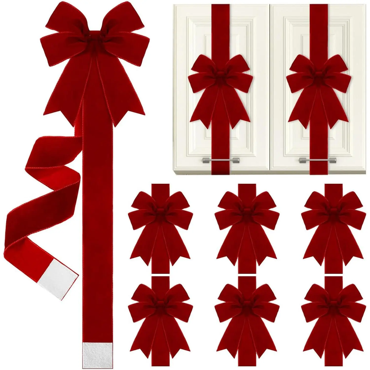 Soft Velvet Red Cabinet Ribbons & Bows Set (4 Pcs or 8 Pcs) - Christmas Housewarming Kitchen Gifts, Home Decoration, Festive Party Supplies, Steel