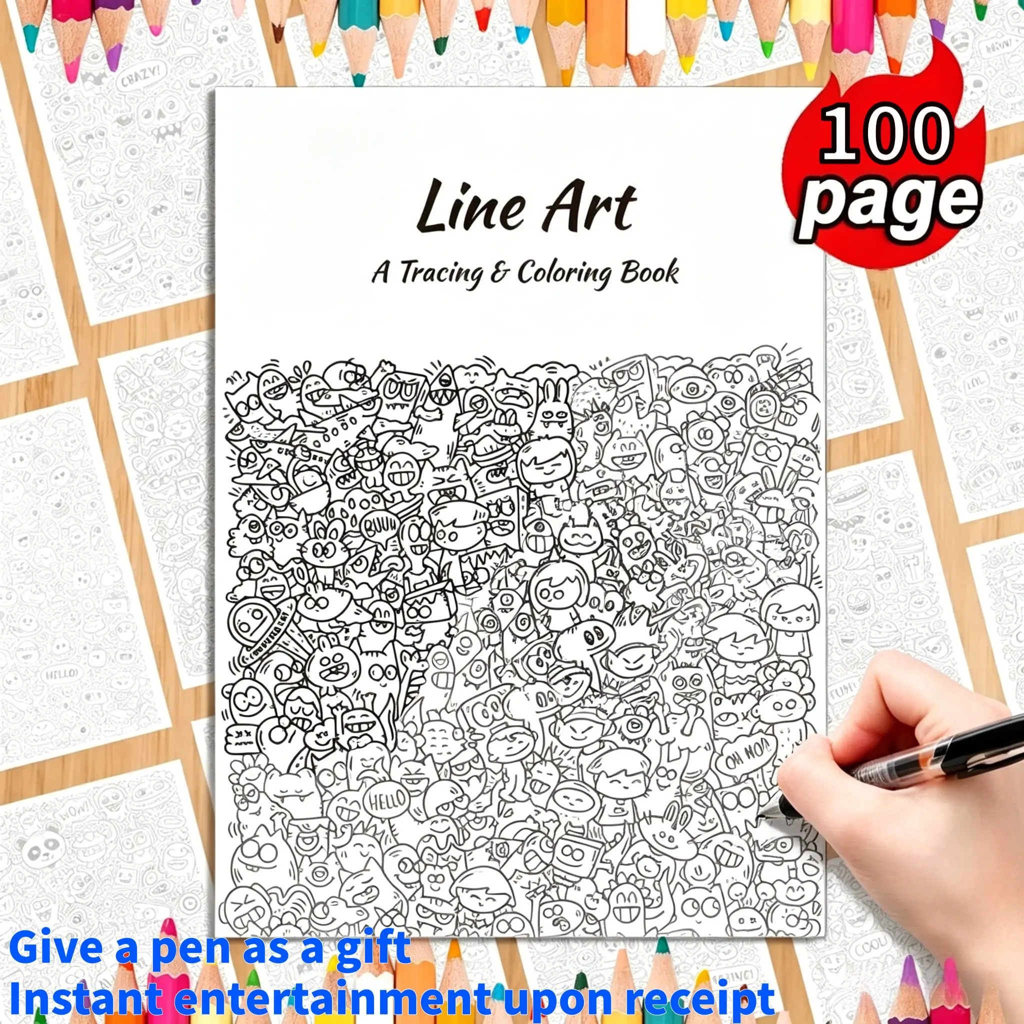 100 Sheets Cute Character Drawing Book, Monster Coloring Gift Book, Clear Outline Templates, High-Quality Sketch Paper, Includes Pencil, Art Supplies, Coloring Books