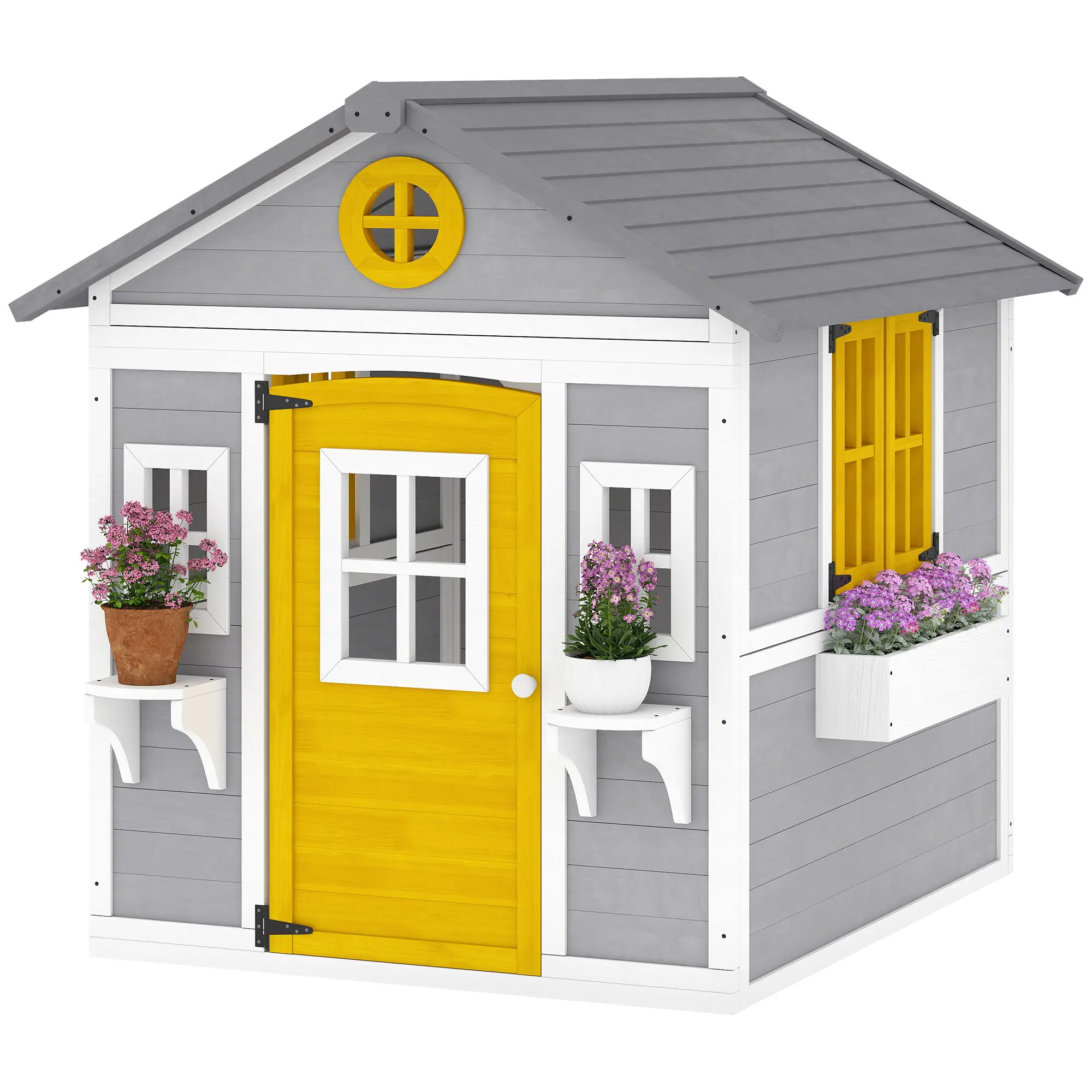 Kids Wooden Gray Garden Cottage Playhouse with Planter Boxes and Pots Expandable Chicken Coop Option for Preschool Balcony Rooftop Family