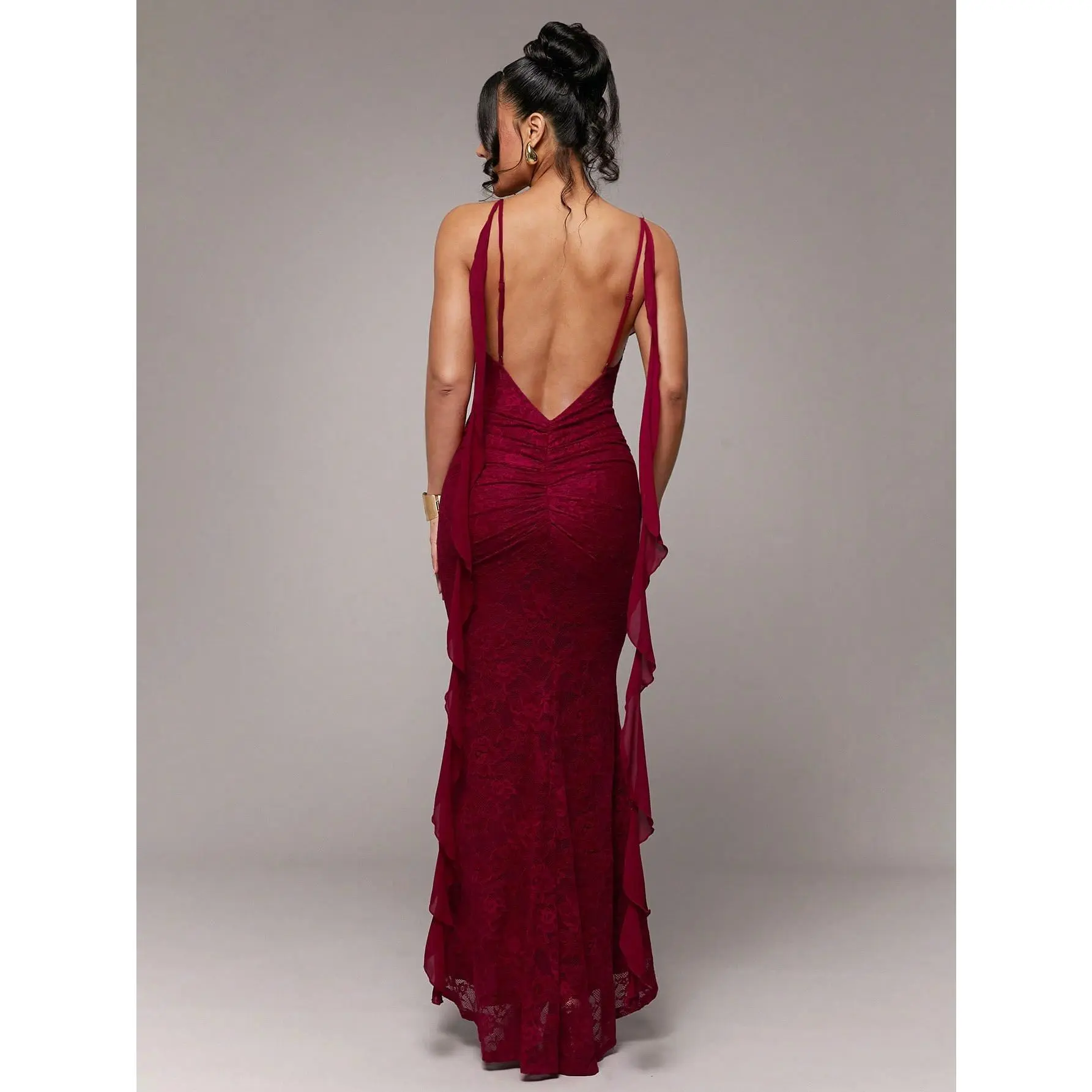 Elegant Women's Burgundy 3D Floral Lace Maxi Dress with Spaghetti Strap &  Ruffle Hem for Summer Formal Wear - TikTok Shop