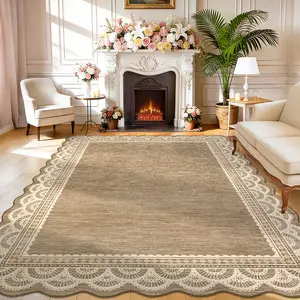 Modern Solid Color Washable Indoor Rug with Lace-printed Border Soft and Foldable Decorative Rug Stain-resistant and Slip-resistant for Bedrooms Dining Rooms Nurseries Apartments and Laundry Rooms