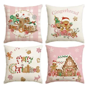 4pcs Christmas gingerbread man pillowcase 18x18 inches, truck, Christmas baking, pink checkered, Merry Christmas printed decorative pillowcase cover, sofa home winter holiday decorative cushion cover (no pillow core)