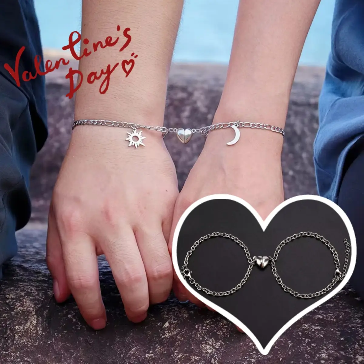 Unisex Couple's Matching Sun Moon Charm Magnet-Link Bracelet Set, Stainless Steel Casual Elegant Geometric Jewelry, Individually Packed Non-Inlaid Valentine Gifts, Wholesale Fashion Accessory for Unisex Wear