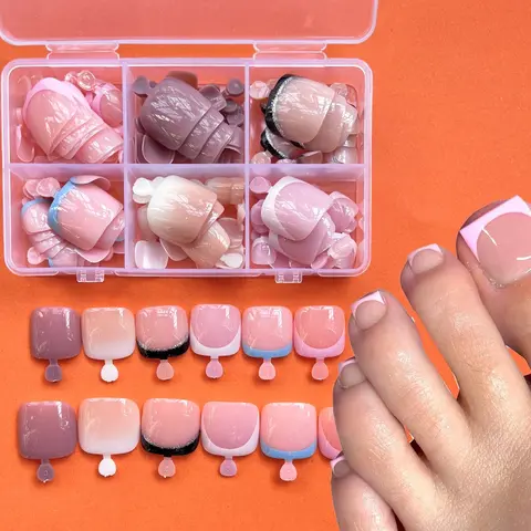 144 Pcs/6 Sets French Short Square Full-Coverage Glossy Press-On Toenails, 6 Different Styles, False Toenail Sets, Fake Toenails, Gift for Women