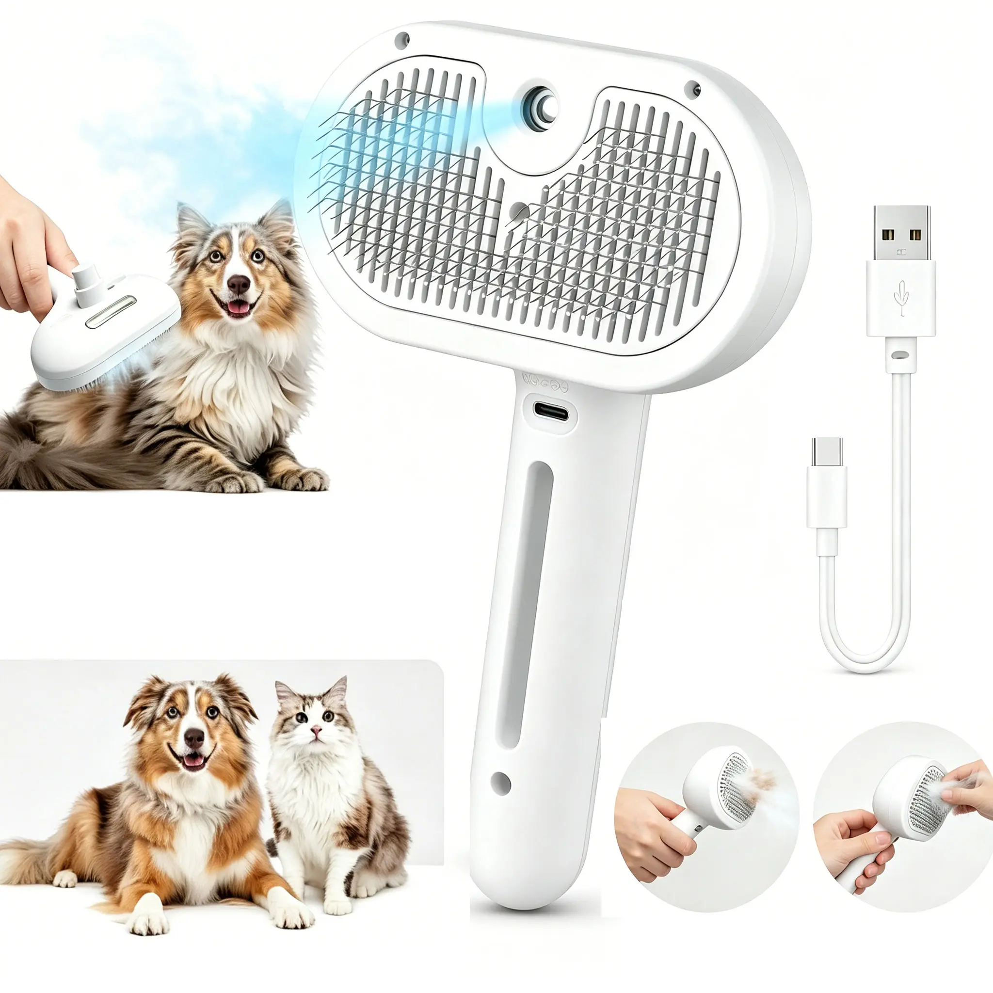 3-in-1 Electric Spray Pet Deshedding Tool - USB Rechargeable, 1-Click Self-Cleaning, Anti-Static Slicker Brush with Moisturizing Mist, Rubber Comb, ABS Hair Removal Glove, Universal for Dogs/Cats, Travel-Friendly, Reduces Itching & Dander (20cm×11.5cm), R