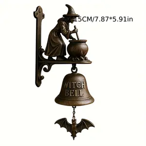 1 Piece, Halloween Witch Doorbell Decoration - Retro Metal Witch Hat and Broom Design, No Electricity Required, Durable Iron Construction, Suitable for Horror Home Decor, Halloween Decor, Holiday Decor, Fantasy Design, Exquisite Craftsmanship