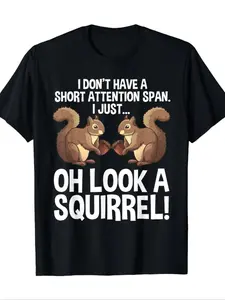 Funny Squirrel English Pun Print Short Sleeve T-Shirt, Humorous Design, Comfortable Fabric, Casual Animal Print Crop Top, Casual Comfy Tee