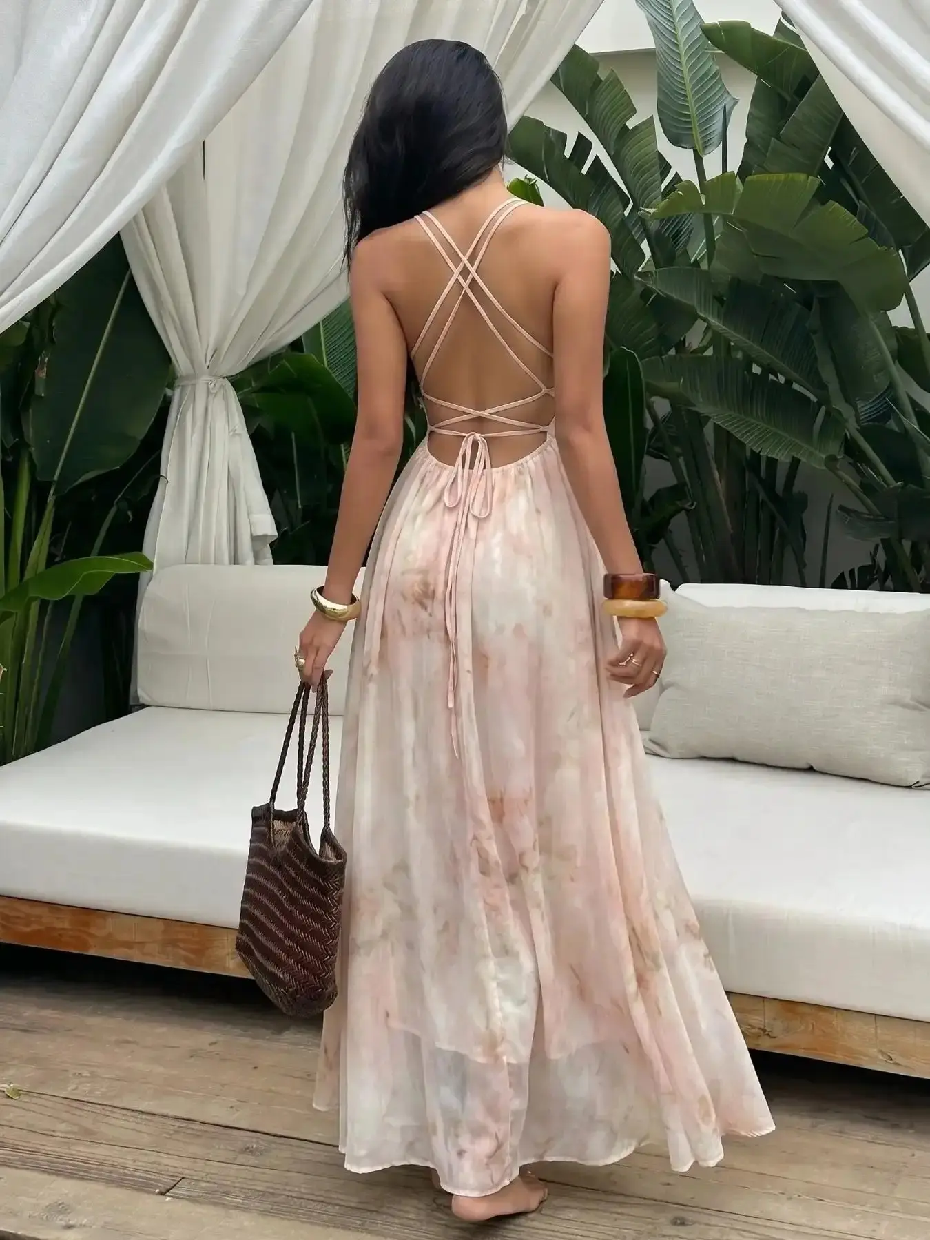 Women's Floral Print Halter Long Dress, Deep V High Waist Flowy Maxi Elegant Summer Chic Beach Island Resort Style, Party Casual Wedding Guest Gown, Elegance essentials loose fit contemporary