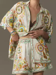 Elegant Short Sleeve Fitted Woven Shirt and High Waist Floral Shorts Set, Stylish Casual for Women, Perfect for Summer Fashion Outfit Womenswear