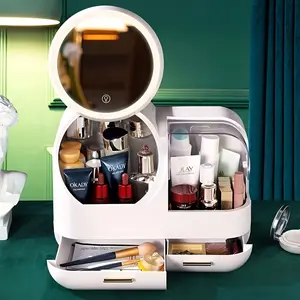 New Cosmetic Storage Box With LED Illuminated Mirror White Cosmetic Storage Box Dust-proof Tape Mirror Large Capacity Skincare Storage Box Dressing Table Storage Rack Desktop Makeup Box Light Organiser