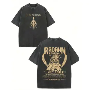 Vintage Washed Black Elden Ring Graphic T-Shirt Unisex, Retro Distressed "Radahn Festival" Starscourge Radahn Print Crew Neck Short Sleeve Tee, Dark Fantasy Gaming Streetwear Casual Top for Men Women, Outdoor Daily Wear