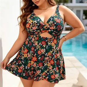 2026 New Women's Plus Size Vibrant Floral Print One Piece Swimdress, Twist V Neck Mid Cutout Adjustable Spaghetti Straps Backless Flowy Skirt With Built-In Briefs, Tummy Control Elegant Modest Curvy Bathing Suit For Summer Beach Pool Vacation