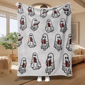Ultra-Soft Flannel Blanket with Reading Ghost Pattern, Perfect Gift for Halloween, Cozy Sofa Bed Accessory