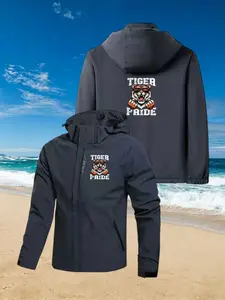 Tiger Head Print Jacket, Outdoor Functional Loose Fit Hooded Parka, Fashionable All-Season Outerwear, Trendy Men's Clothing